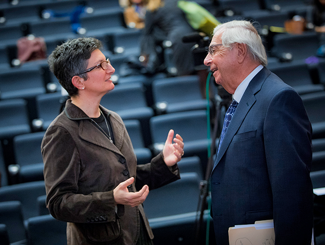 Rabbi Francine Roston speaks with Miller Center benefactor Paul Miller